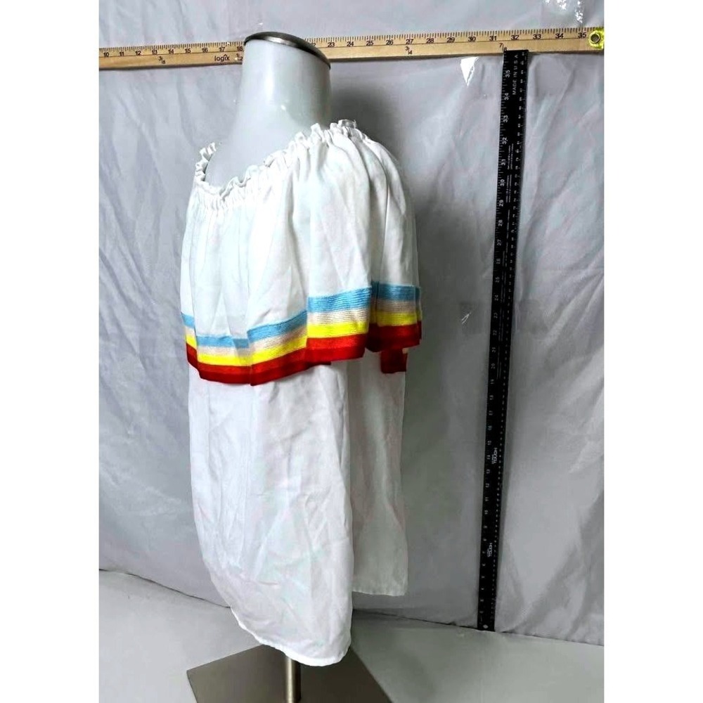 Entro~Women's White Rainbow Striped Ruffle Off Shoulder Overlay Blouse Top/Small - Picture 9 of 10